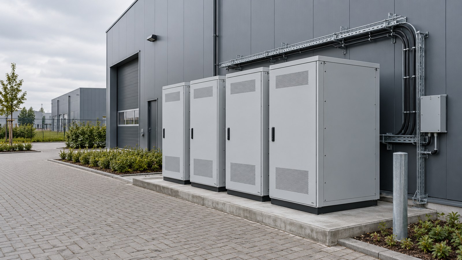 Batterijsysteem naast een Nederlandse bedrijfshal