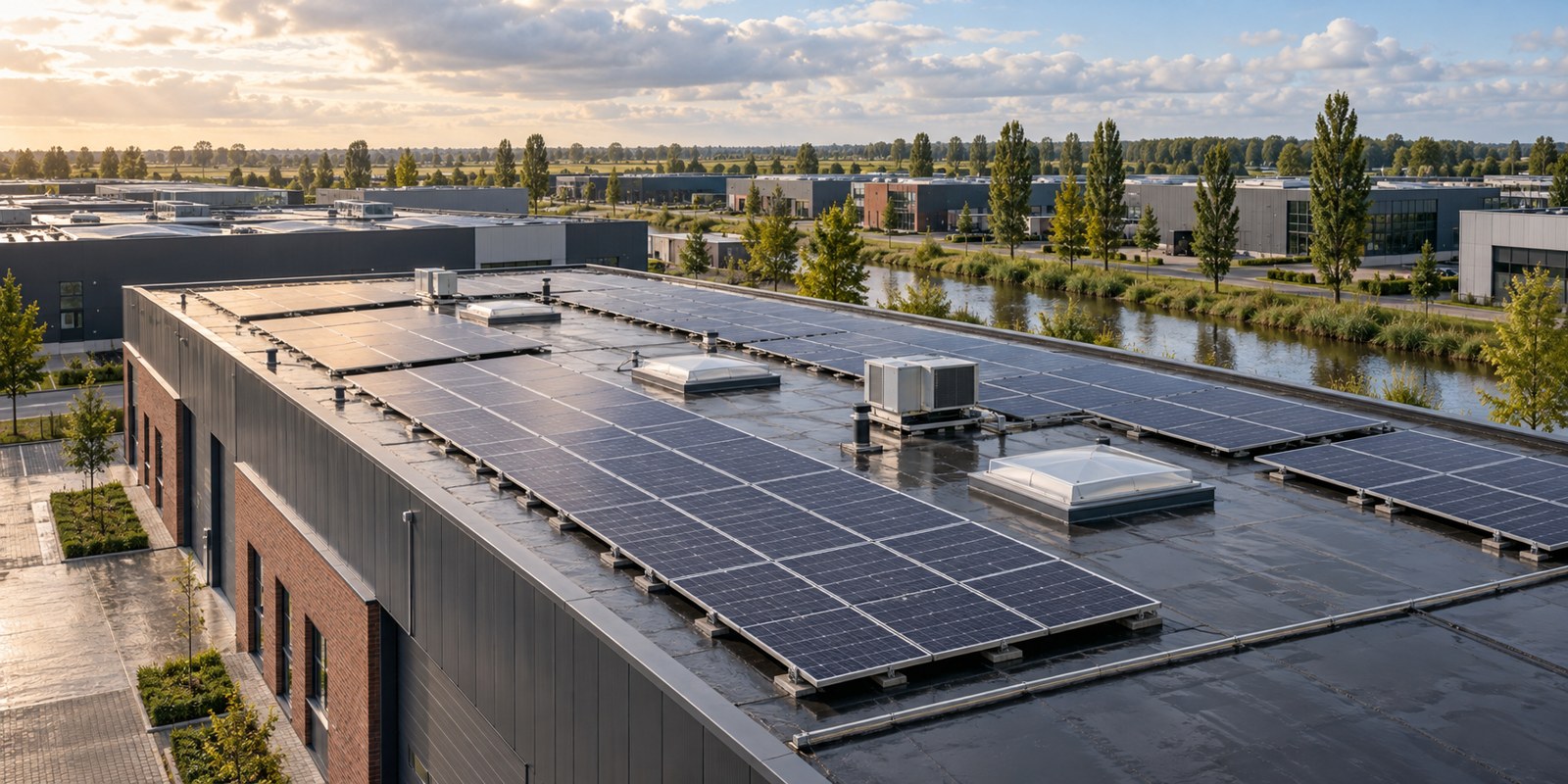 Zonnepanelen op het dak van een Nederlandse bedrijfshal