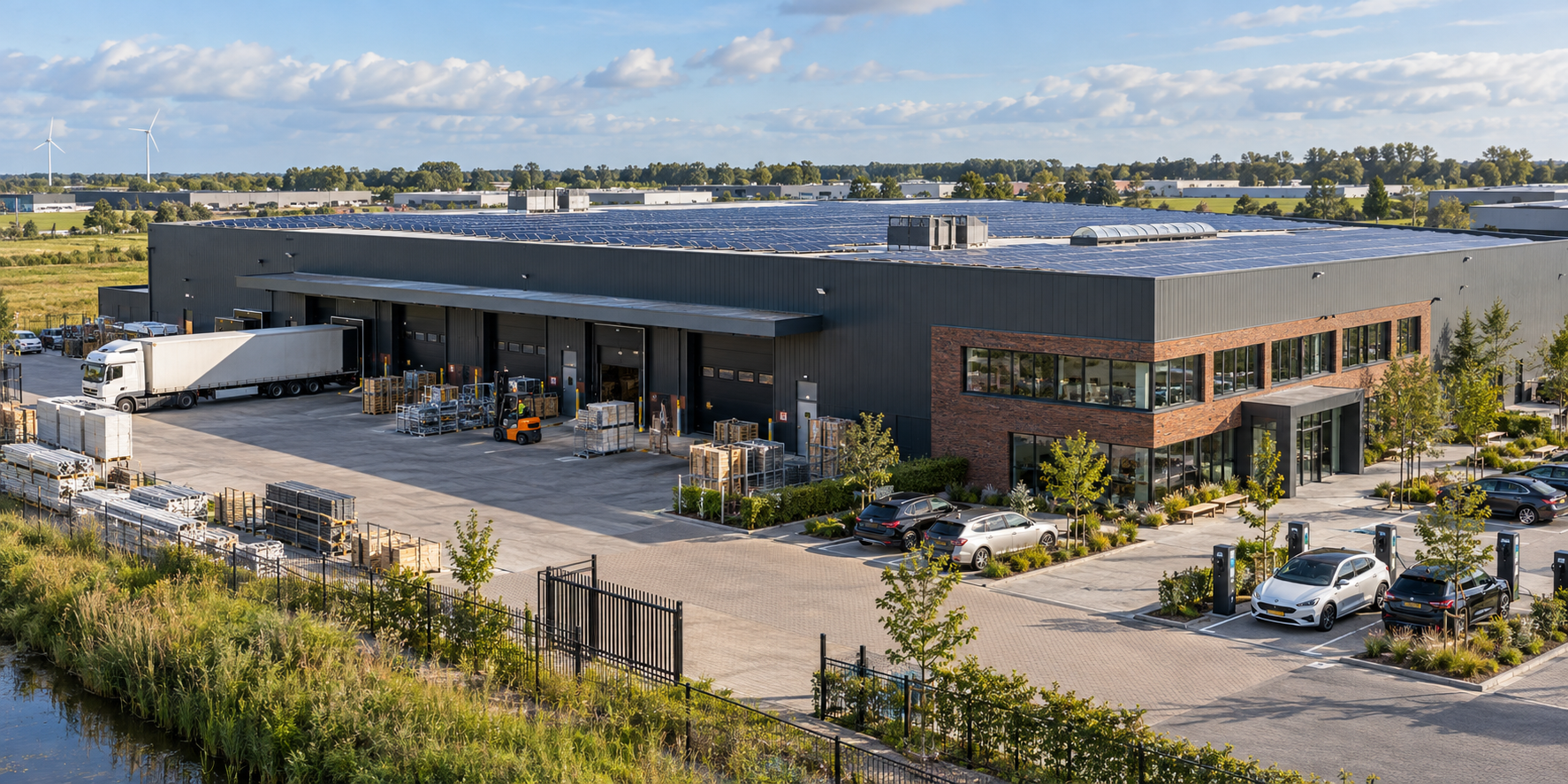 Nederlandse bedrijfslocatie met zonnepanelen en zakelijke laadpunten